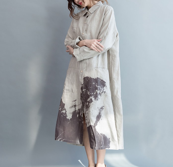 ワンピース シャツワンピース リネン調 ロング丈 ロングワンピース マキシ丈ワンピース 水墨 長袖 ロングシャツ フレアワンピ 体型カバー レディース 夏 春秋...