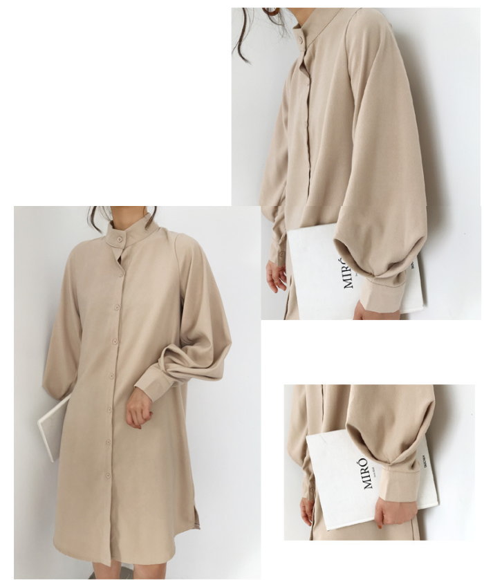 クーポンで8%OFF！ワンピース シャツワンピ スタンドカラー バルーンスリーブ 膝丈 無地 長袖 ミニワンピ きれいめ 春秋 レディース メール便送料無料おうちコーデ (アパレル)