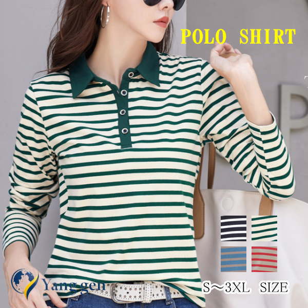 Rakuten - ボーダー ティー シャツ レディース ポロシャツ Tシャツ 折り襟 パイピング ボーダー ロンt ティシャツ カットソー トップス 襟付き サイドスリット 長袖 とろみ スキッパー タイト スリム OL 通勤 通学 ビジネス ストレッチ 春秋冬 S M L XXL XXXL 大きいサイズ