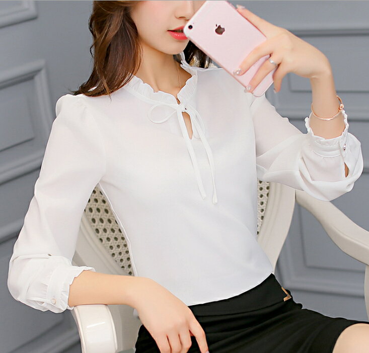 ブラウス リボン フリル シャツ スタンドカラー 無地 リボンタイ OL 通勤 長袖 トップス きれいめ S M L XL XXL レディース 春夏 メール便送料無料　(アパレル)