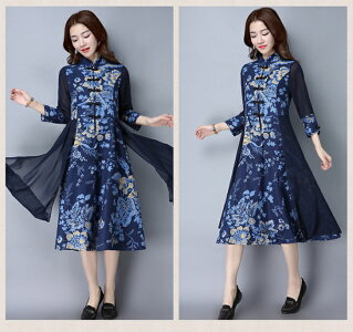 【今だけ10%OFF】ワンピース ロング ロングワンピース ミモレ丈 チャイナドレス レトロ コットン 長袖 Aライン ワンピ 体型カバー 秋冬 レディース メール便送料無料 (アパレル)
