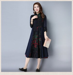 【今だけ10%OFF】ワンピース ロング ロングワンピース ミモレ丈 チャイナドレス レトロ コットン 長袖 Aライン ワンピ 体型カバー 秋冬 レディース メール便送料無料 (アパレル)