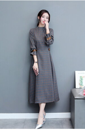 【今だけ10%OFF】ワンピース ロング ロングワンピース ミモレ丈 チェック柄 スタンドカラー フリル袖 長袖 Aライン ワンピ 体型カバー 秋冬 レディース メール便送料無料 (アパレル)