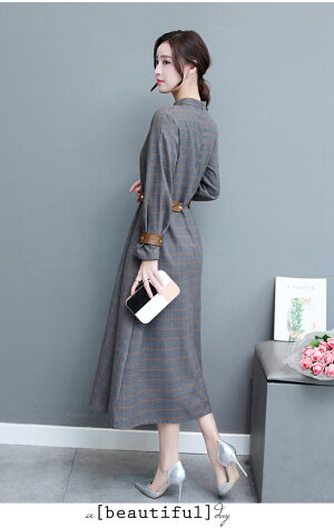 【今だけ10%OFF】ワンピース ロング ロングワンピース ミモレ丈 チェック柄 スタンドカラー フリル袖 長袖 Aライン ワンピ 体型カバー 秋冬 レディース メール便送料無料 (アパレル)