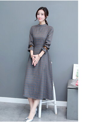 【今だけ10%OFF】ワンピース ロング ロングワンピース ミモレ丈 チェック柄 スタンドカラー フリル袖 長袖 Aライン ワンピ 体型カバー 秋冬 レディース メール便送料無料 (アパレル)