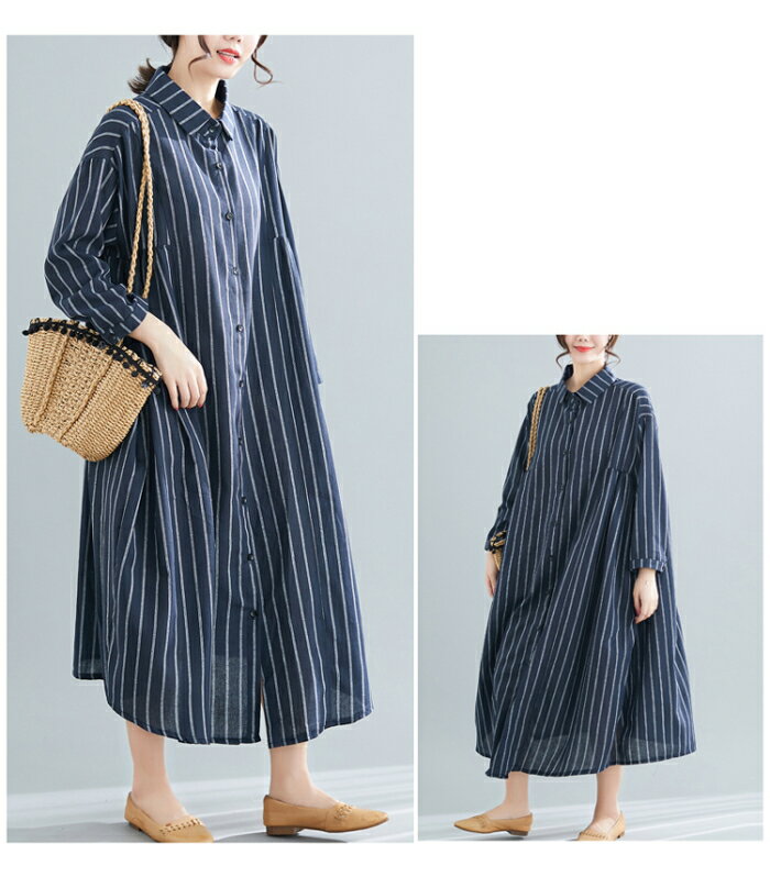 シャツワンピース マキシワンピ ロングワンピ ストライプ リネン調 ワンピース 長袖 マキシ丈 春夏 秋 冬 体型カバー ゆったり レディース メール便不可おうちコーデ (アパレル)
