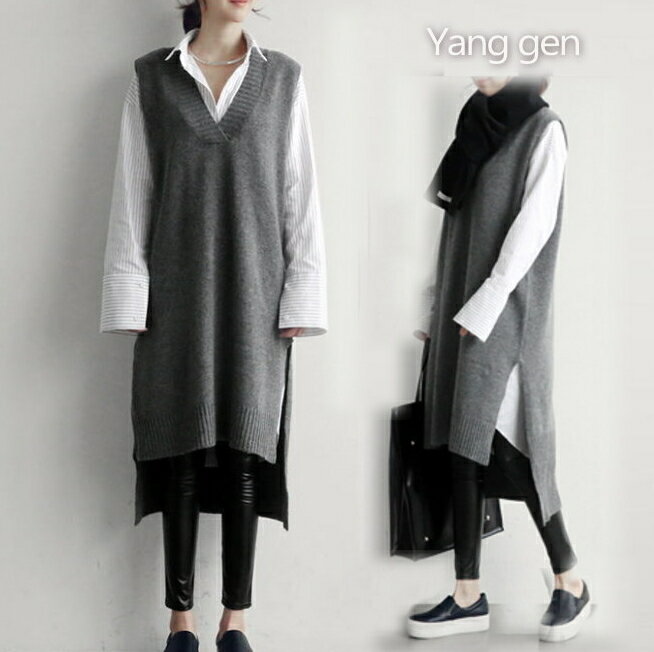 ニット ベスト レディース ロングベスト ニットワンピース Vネック ロング丈 ニットベスト サイドスリット ノースリーブ 無地 体型カバー 春 秋冬 送料無料...