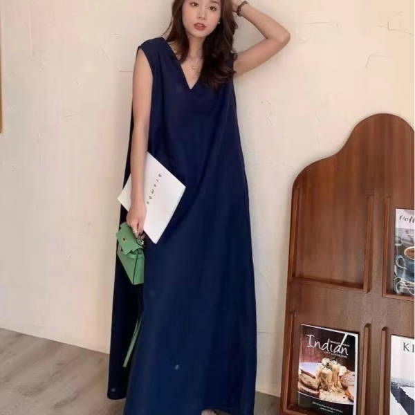 マキシ丈ワンピース ワンピース 夏 レディース ノースリーブ Vネック 無地 キャミ...