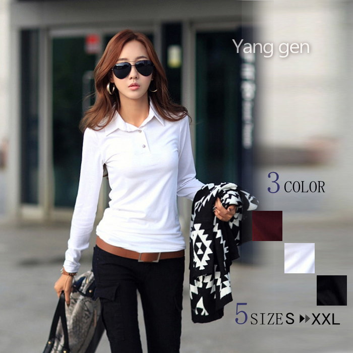 tシャツ レディース ポロシャツ 長袖 折り襟 襟付き シャツ タイト スキッパー シャツ 無地 カットソー スリム Tシャツ オフィス カジュアル レディース 春 夏 秋冬 メール便送料無料 おうちコーデ(アパレル)