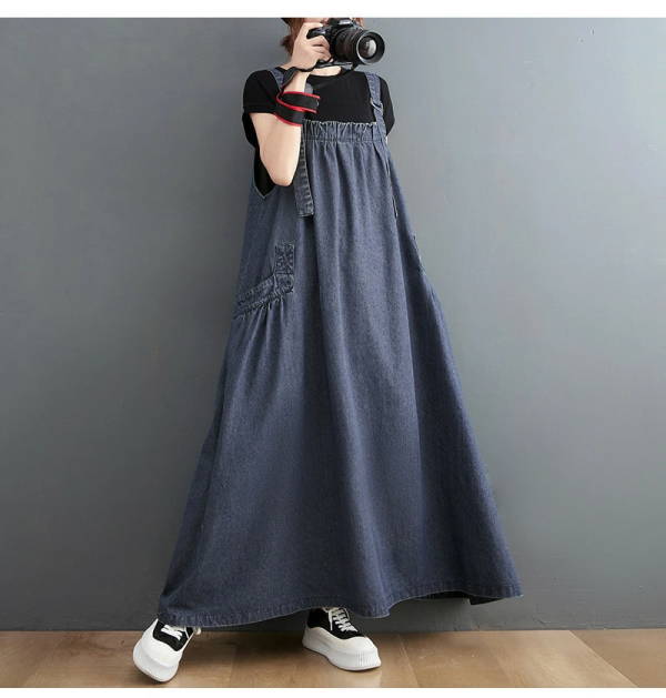 クーポンで8%OFF！ジャンパースカート ジャンスカ サロペットワンピース レディース マキシワンピース ロング丈 オールインワン コクーン ジーンズ デニム 無地 大きいサイズ ゆったり 体型カバーaライン ポケット オーバーサイズ レイヤード 大人可愛い(アパレル)