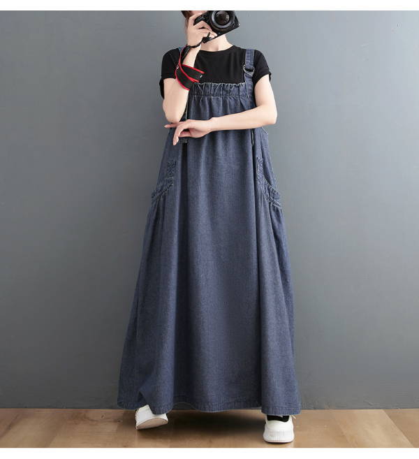 クーポンで8%OFF！ジャンパースカート ジャンスカ サロペットワンピース レディース マキシワンピース ロング丈 オールインワン コクーン ジーンズ デニム 無地 大きいサイズ ゆったり 体型カバーaライン ポケット オーバーサイズ レイヤード 大人可愛い(アパレル)