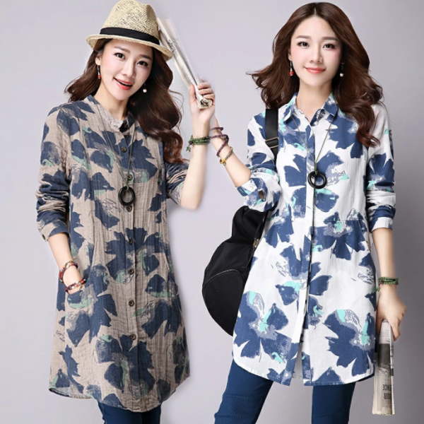 【1000円OFFクーポン】シャツ 長袖 ノーカラー ロングシャツ 大花柄 ブラウス 厚手 麻 リネン 春夏 秋 レディース トップス フラワー プリント 長袖...