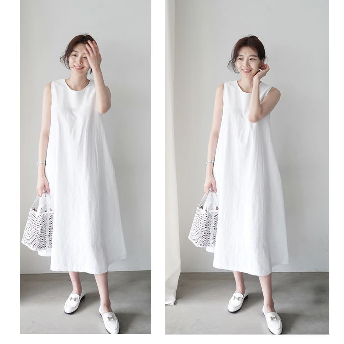 원피스 레이디스 민소매 코튼 무지 원피 크루넥 A라인 롱 원피 롱 맥시 원피 플레어 큰 사이즈 여름 리조트 원피 매터니티 웨어 체형 커버 메일편 송료 무료 집 코데(의류)