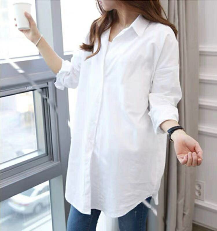 シャツブラウス チュニック シャツ ロングシャツ 無地 長袖 ホワイ ト白 ロング丈 ...