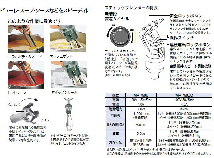 スティック ブレンダー MP-450UC (コンビタイプ)【代引き不可】【万能調理器】【攪拌機】【ジューサー】【ミキサー】【カッター】【ハンドミキサー】【業務用厨房機器厨房用品専門店】