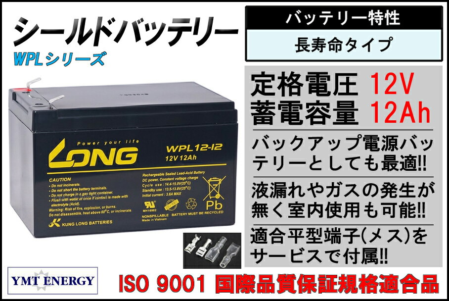 LONG 【長寿命タイプ　期待寿命5年〜10年】LONG　12V12Ah 高性能シールドバッテリー（完全密封型鉛蓄電池）（WPL12-12）　UPS（無停電電源装置）・バックアップ電源用に最適 1