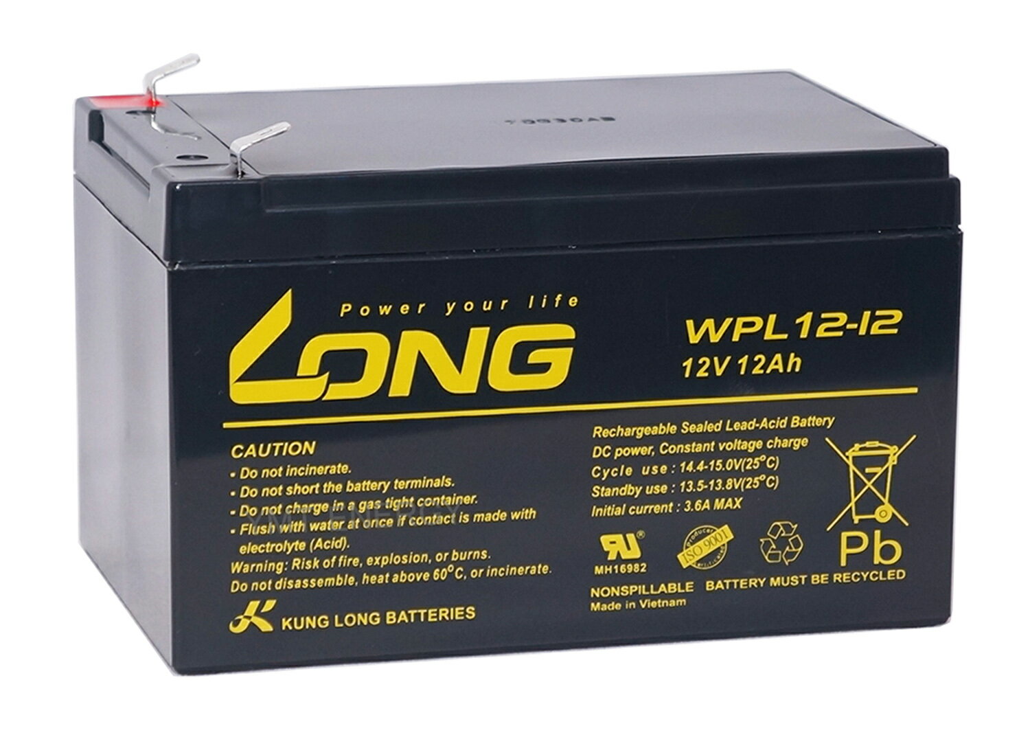 LONG 【長寿命タイプ　期待寿命5年〜10年】LONG　12V12Ah 高性能シールドバッテリー（完全密封型鉛蓄電池）（WPL12-12）　UPS（無停電電源装置）・バックアップ電源用に最適 3