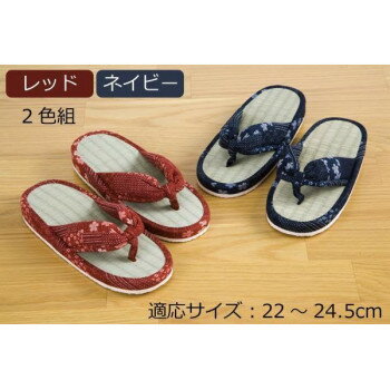 い草ぞうりスリッパ　和香　2色組(ネイビー・レッド各1足)　22〜24.5cm　XM596