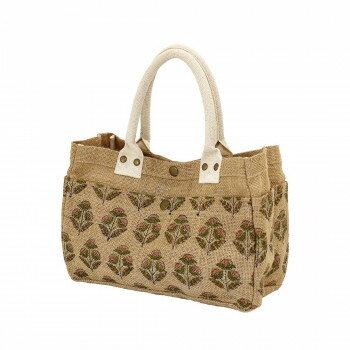 ブロックプリントジュート6ポケットバッグ ブラウン×ピンクフラワー 15625750538