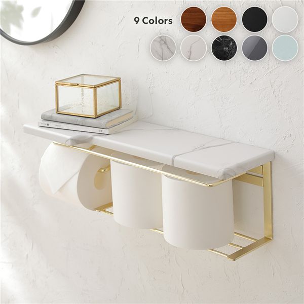 トイレットペーパーホルダー 網板タイプ 約幅44cm 大理石調 ホワイト 簡単設置 賃貸OK 棚付き ディスプ..