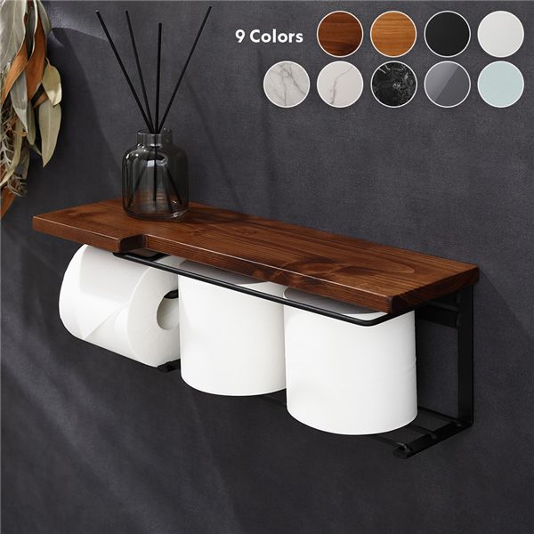 トイレットペーパーホルダー 網板タイプ 約幅44cm 天然木 ダークブラウン 簡単設置 賃貸OK 棚付き ディ..