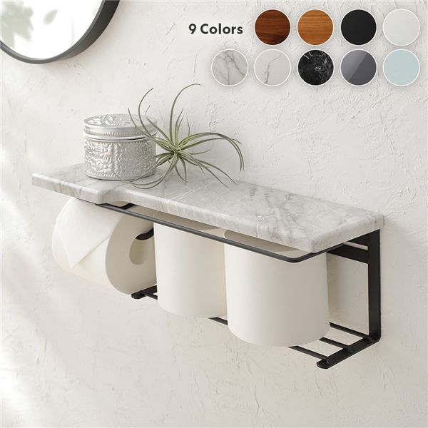 トイレットペーパーホルダー 網板タイプ 約幅44cm 大理石調 グレー 簡単設置 賃貸OK 棚付き ディスプレ..