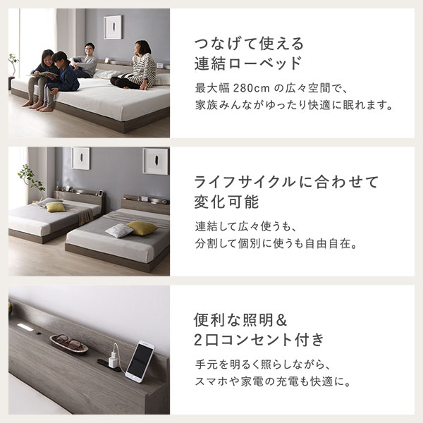 カーテン選びの案内人のベッド ワイドキング 280 D＋D 2層ポケットコイルマットレス付 ナチュラル 連結 ロータイプ 低床 宮付き 棚付き 宮棚付 ヘッドボード付 コンセント付 照明付 すのこ ベット 連結ベッド すのこベッド ローベッド ベッドフレーム フロアベッド 寝具｜アングル3
