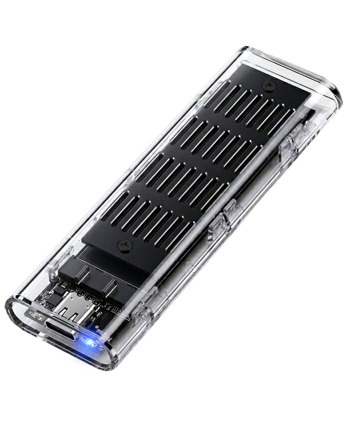 透明な美しさと10Gbpsの超高速転送！アルミヒートシンク搭載M.2 SSDケース アオテック NVMe M.2 SSDケース CLEAR DRIVE USB3.2 Gen2 (AOK-M2NVME-C10G) 透明度の高いクリアボディと実測1060MB/s超の高速性能を両立したNVMe M.2 SSDケース「CLEAR DRIVE」です。USB3.2 Gen2接続に対応し、最大10Gbpsの圧倒的なデータ転送スピードを実現。スリット構造のアルミヒートシンクと熱伝導シートが付属し、高速SSDの発熱を効率的に冷却して安定したパフォーマンスを維持します。 USB3.2 Gen2による最大10Gbpsの超高速データ転送 次世代高速規格USB3.2 Gen2に対応し、最大10Gbps（理論値）の広帯域データ転送を発揮。大容量の4K動画や高解像度写真データ、バックアップファイルのコピー・移動も待ち時間を大幅に削減し、快適なワークフローを構築します。 スリット構造ヒートシンク＆熱伝導シートで強力冷却 発熱しやすいNVMe SSDのために、放熱スリットを備えた専用アルミヒートシンクプレートと熱伝導シートを同梱。熱を素早く逃がすことで、熱暴走による速度低下（サーマルスロットリング）を防ぎ、SSDの寿命と安定稼働を守ります。 工具・ネジ不要！スライド式の簡単組み立て設計 面倒なネジ留めやドライバーの準備が一切いらないツールフリー設計を採用。カバーをスライドさせてSSDを差し込み、付属のプッシュピンで固定するだけで、わずか数秒でセットアップが完了します。 4サイズのSSD対応 ＆ 最大4TBの大容量サポート Type-2280 / 2260 / 2242 / 2230 の4サイズに対応し、最大4TBの大容量ドライブを搭載可能。USBバスパワー駆動、ホットスワップ・プラグ＆プレイ対応で、ドライバ不要で挿すだけですぐに使用可能です。 ※ ご購入前・ご使用時の注意事項 ※ 本製品は「M.2 PCIe NVMe規格SSD」専用です。M.2 SATA規格SSDやMac専用特殊端子SSDには対応しておりません。 本製品にSSD本体は含まれておりません。別途ご用意ください。 USB2.0ポートに接続した場合、電力不足により機器やSSDが故障する恐れがあるため動作保証外となります。 Thunderbolt 4 / 3ポートに接続した場合はUSB3.2 Gen1動作となります。USB4ポート接続時はUSB3.2 Gen2（最大10Gbps）として動作します。 製品仕様 型番 / JAN AOK-M2NVME-C10G / 4580438147981 インターフェース USB3.2 Gen2 Type-C（最大10Gbps・理論値 / UASP対応） 対応ドライブ M.2 PCIe NVMe規格SSD（Type-2280 / 2260 / 2242 / 2230） ※SATA規格非対応 対応端子形状 M.2 M Key / B+M Key 最大対応容量 最大4TBまで 電源 / 構造 USBバスパワー / 工具不要スライド式ツールフリー構造 省電力機能 PC電源連動機能、自動スリープ機能（10分非アクセス時） 対応OS Windows 11 / 10、macOS（10.9以降） 本体寸法 / 重量 約 横34mm × 縦108mm × 高さ12mm（突起部除く） / 約 25g（本体のみ） 付属品 USB Type-C to Type-Cケーブル、熱伝導シート、M.2プッシュピン 保証期間 ご購入後12ヵ月間（メーカー保証） ※こちらの商品は化粧箱にいたみがありますが内容物には破損はございません。 ※通常通り、メーカー保証がついている商品となります。