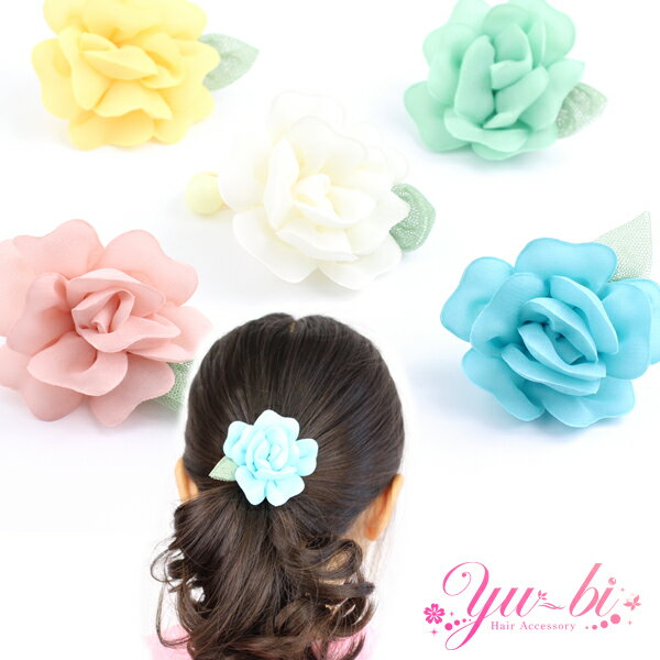 【メール便送料120円】キッズヘアゴム/ふわもこ 薔薇 エレガント 女児ヘアゴム ki59☆ミント（緑）/水色/オフホワイト/ピンク/黄色 バラ フラワー ヘアポニー 子供 結婚式 ヘアアクセ 髪飾り お呼ばれ 七五三 入学式 卒園式 入園式 【あす楽対応】