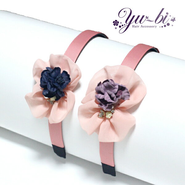 楽天優美 accessory【ゆうパケットOK】キッズカチューシャ/お花 薔薇 きらりラインストーン カチューシャki96☆ピンク/紺/紫 ヘアアクセ シフォン ウェディング ラインストーン＆パール シフォンばら ローズ 子供 結婚式 ブライダル お呼ばれ 入学式 卒業式 卒園式 女の子【あす楽対応】