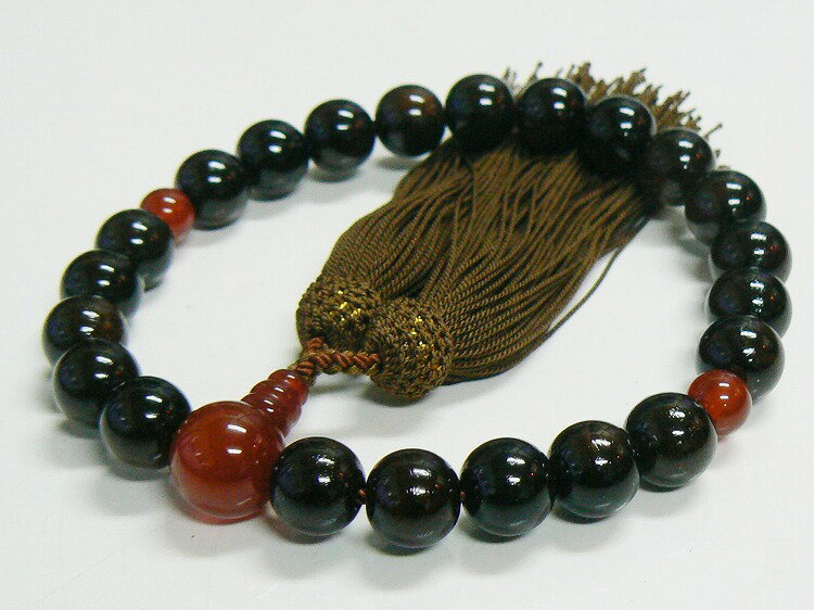 『黒檀』 22玉片手念珠 正絹頭房 瑪瑙仕立て 箱・タグなし 数珠 唐木 木玉 人絹房 数珠 念珠 葬儀 葬式 法事 法要 男性用 紳士用