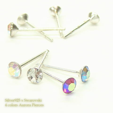 シルバーピアス 選べる4色 直径3mm丸型スワロフスキー オーロラ カラースタッドピアス b-11 シルバー925 silver925 シルバーアクセサリー レ...