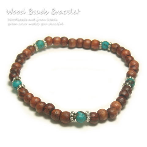 ゴムだから付けやすい アジアンテイスト感のグリーン×ウッドビーズゴムブレスレット 夏アクセ レディース メンズ