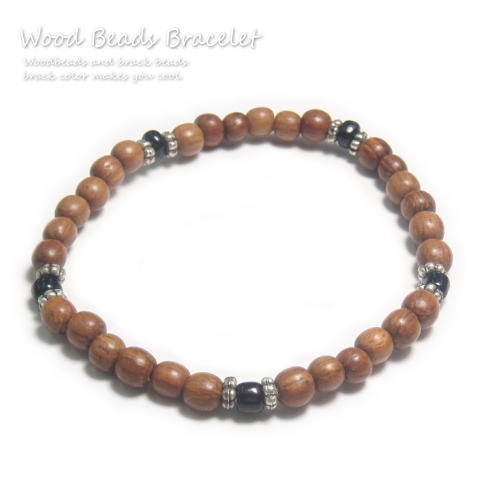 ゴムだから付けやすい アジアンテイスト感のブラック×ウッドビーズゴムブレスレット 夏アクセ レディース メンズ