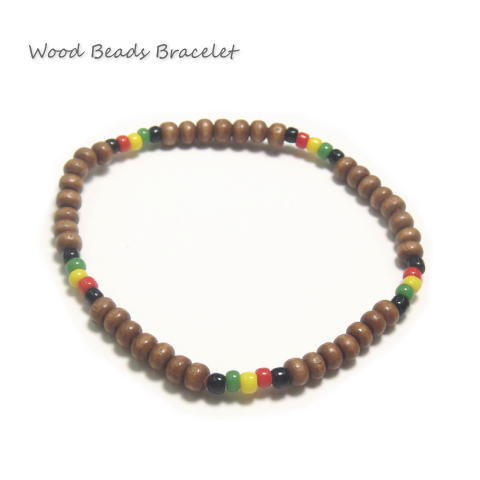 ゴムだから付けやすい ラスターカラービーズとウッドビーズのゴムブレスレット 夏アクセ レディース メンズ