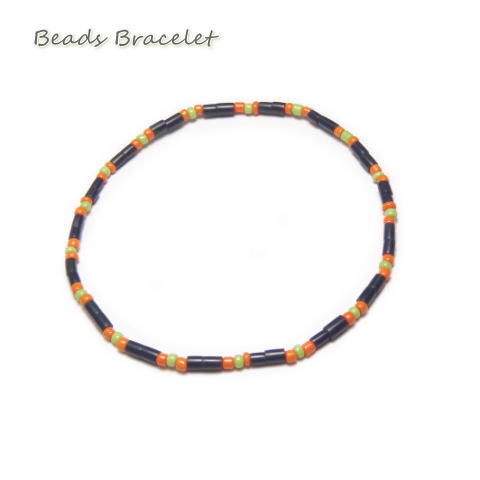 縦長グレービーズとオレンジ×ライトグリーンのまるビーズのビーズブレスレット10 レディース メンズ ゴム