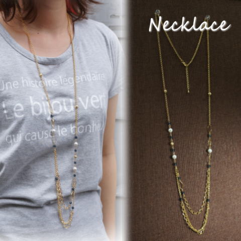 \半額★50%OFF/カットビーズやパール風ビーズでエレガントに ゴールドチェーンがまるで3連のようにみえるネックレスレディースネックレス 卒園式 入園式 卒業...