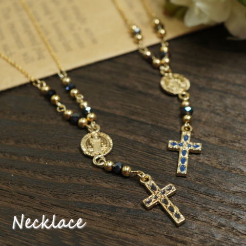 \半額★50%OFF/輝くカットビーズにゴールドチェーンがぴったり ゴールドカラーのクロスネックレスレディースネックレス 十字架 ロザリオ