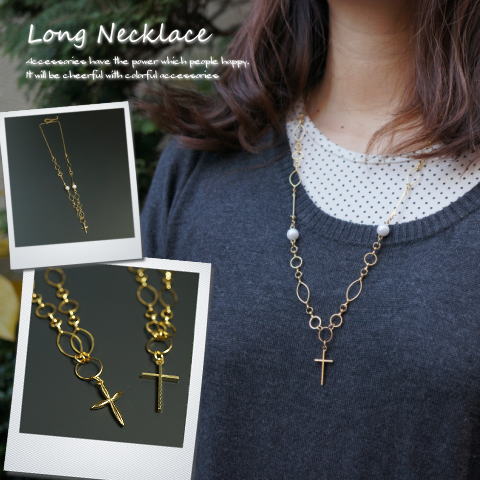 \半額★50%OFF/ちいさめのクロスがワンポイント 輝くビーズが可愛いゴールドチェーンネックレス十字架 レディースネックレス 21’06