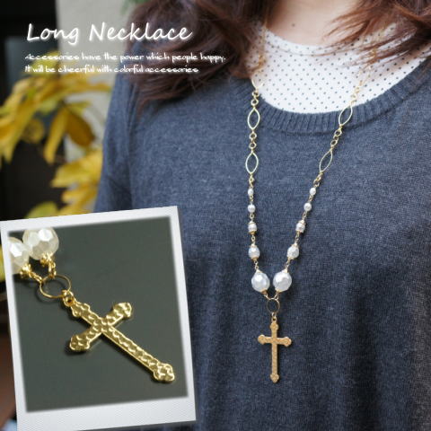 \半額★50%OFF/煌びやかなゴールドチェーンにカットビーズがゴージャスな格好いいクロスモチーフネックレス十字架 レディースネックレス 21'10