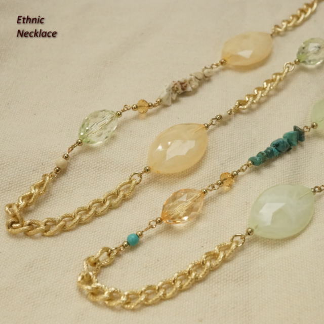 \半額★50%OFF/ビーズ・ストーン・ゴールドチェーンが豪華でエスニックなロングネックレス さざれ サザレ ターコイズ トルコ石 夏 レディースネックレス メ...