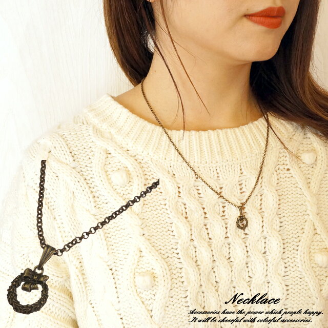 \半額★50%OFF/レディースネックレス チェーンネックレス リース オーナメント 花 フラワー 植物 クリスマス アンティークゴールド ボールチェーン ショ...