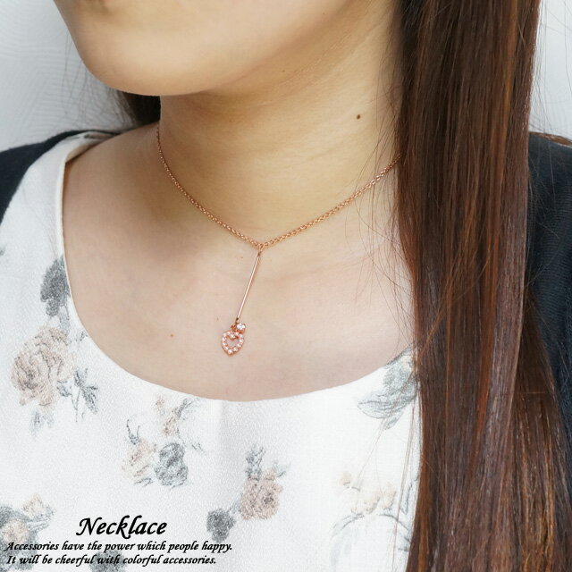 \半額★50%OFF/レディースネックレス チェーンネックレス オープンハート バー 棒 キラキラ ピンクゴールド アズキチェーン あずき 小豆 ショートネック...