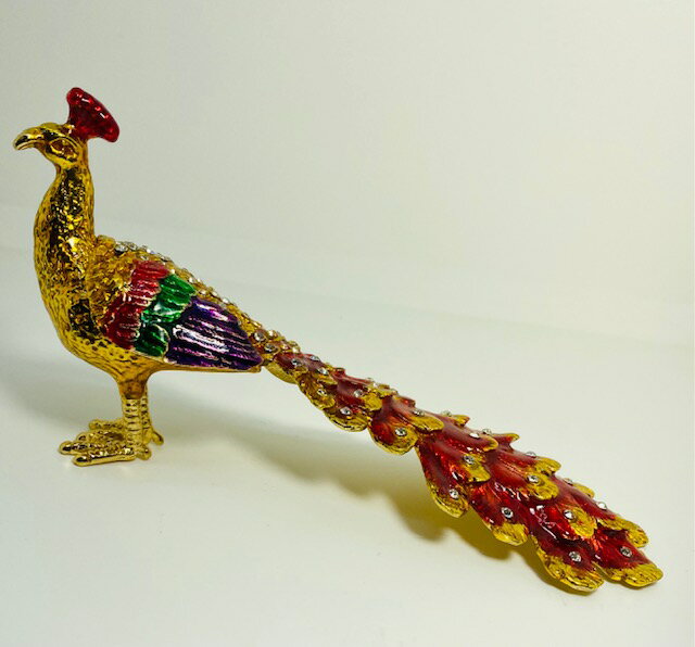 七宝焼き 孔雀 (金色，尾の色が赤色） (幅3.8cm 奥行き17cm 高さ8.2cm 重さ140g) ピルケース ギフトケース入り QF2818
