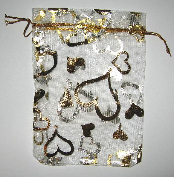 ギフト ・ 包装 用 オーガンジー 巾着 袋 9cmx12cm (30枚セット, ホワイト地にハート柄)