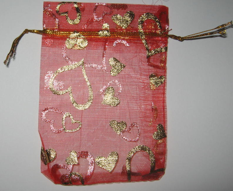 ギフト ・ 包装 用 オーガンジー 巾着 袋 9cmx12cm (10枚セット, レッド地にハート柄)