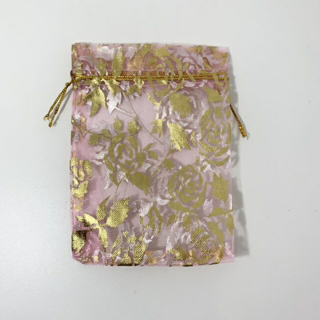 ギフト ・ 包装 用 オーガンジー 巾着 袋 9cmx12cm (20枚セット, ピンク地にローズ柄)