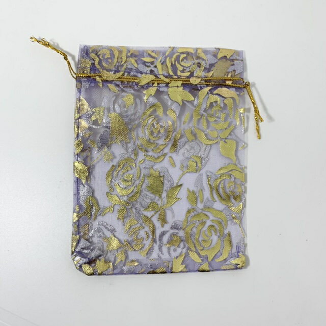ギフト ・ 包装 用 オーガンジー 巾着 袋 9cmx12cm (10枚セット, パープル地にローズ柄)