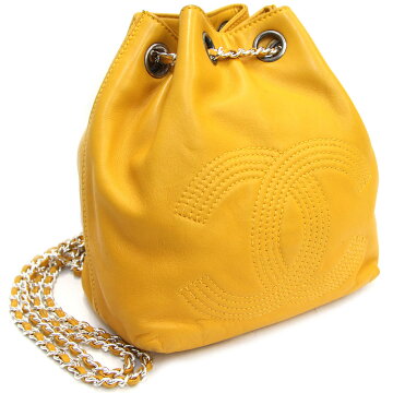 シャネルリュックココマークイエローラムスキン中古巾着バックパックヴィンテージオールドチェーンCHANEL