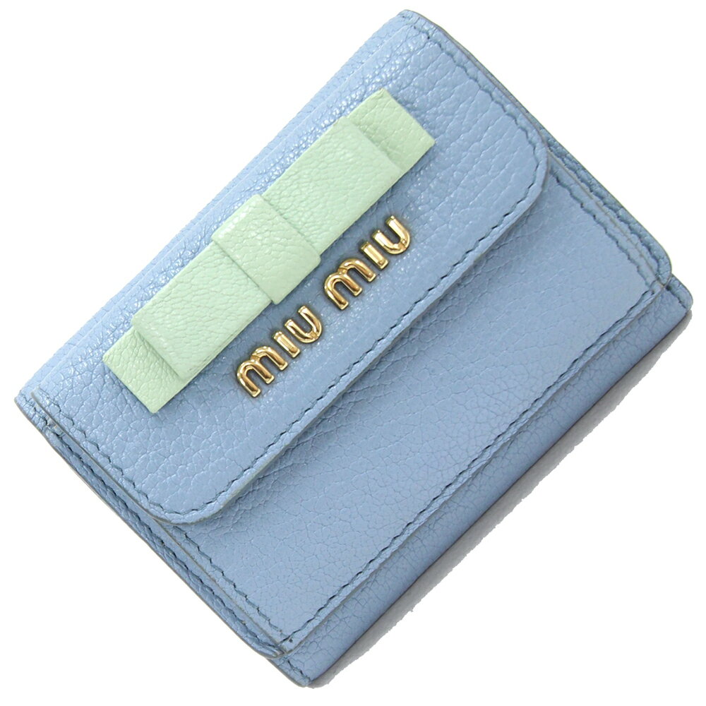 ミュウミュウ 三つ折り財布 5MH020 ライトブルー レザー 中古 リボン コンパクトウォレット 水色 レディース MIUMIU